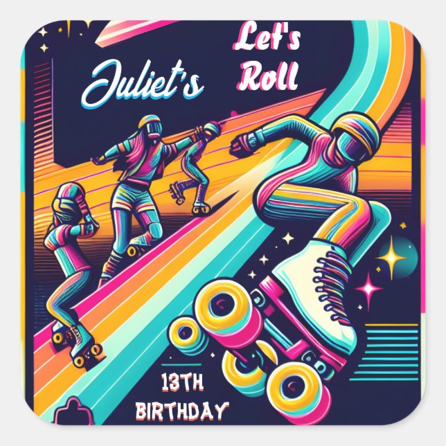 cool boys girls Roller Skating 13th Birthday Square Sticker (Front)