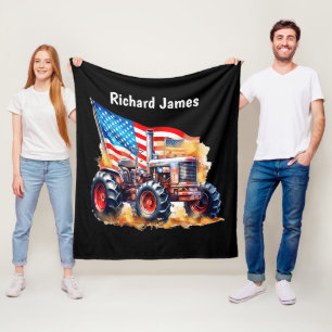 Cool Boys Patriotic tractor add name Fleece Blanket