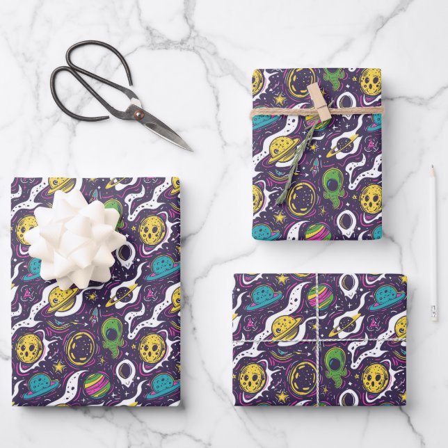 Cool boys space lovers tiled party wrapping paper sheet (Front)