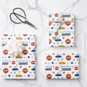 cool boys tiled transportation party  wrapping paper sheet
