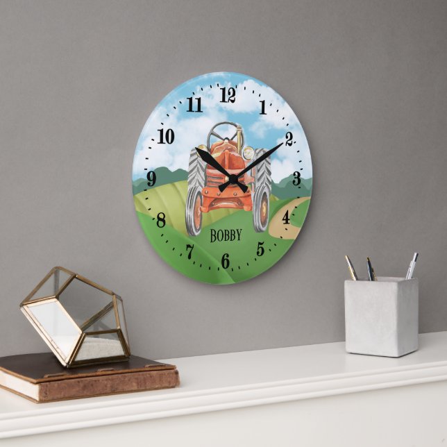 cool boys tractor lovers add name large clock (Office)