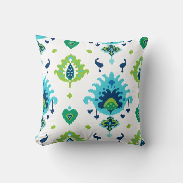 Cool bright blue and green tribal ikat print cushion (Front)