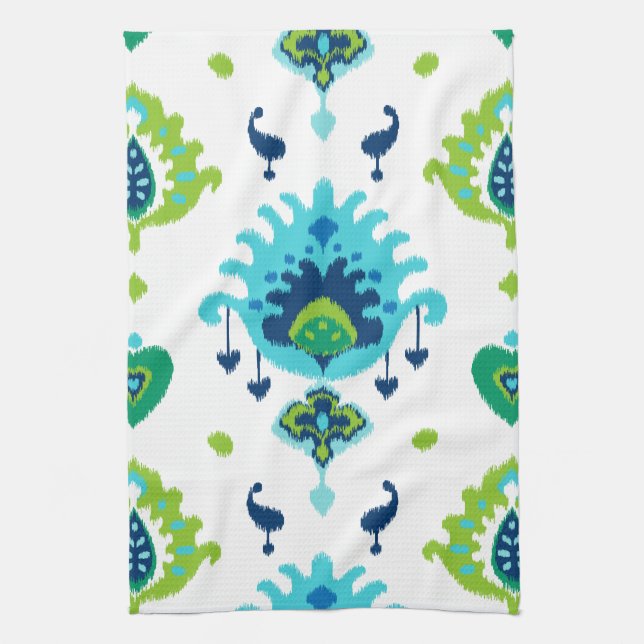 Cool bright blue and green tribal ikat print tea towel (Vertical)