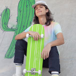 Cool Bright Green White Racing Stripes Monogrammed Skateboard<br><div class="desc">Create your own custom, personalised, modern, cool, stylish, bright green and white racing stripes, classy elegant typography script, best quality hard-rock maple competition shaped skateboard deck. To customise, simply type in your name / monogram / initials. While you add / design, you'll be able to see a preview of your...</div>