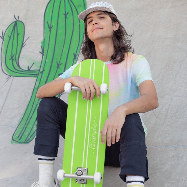 Cool Bright Green White Racing Stripes Monogrammed Skateboard (Cool Bright Green White Racing Stripes Monogrammed Skateboard)
