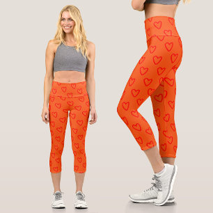 Cool Bright Orange Red Hearts Pattern Leggings
