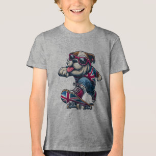 Cool British Bulldog on Skateboard  Tri-Blend Shirt
