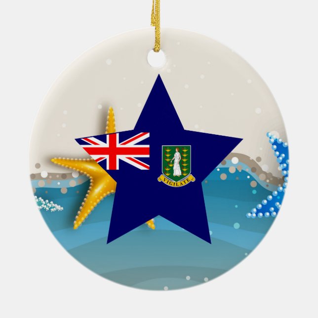Cool British Virgin Islands Flag at the Beach Ceramic Tree Decoration (Back)