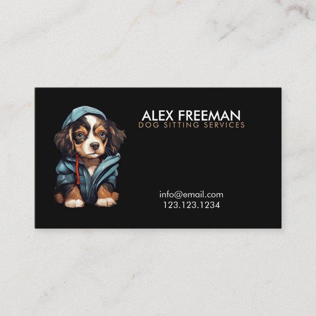 Cool Brown and Black Puppy Dog Sitting Business Card (Front)