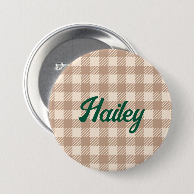 Cool brown beige gingham preppy plaid checked 7.5 cm round badge (Front & Back)