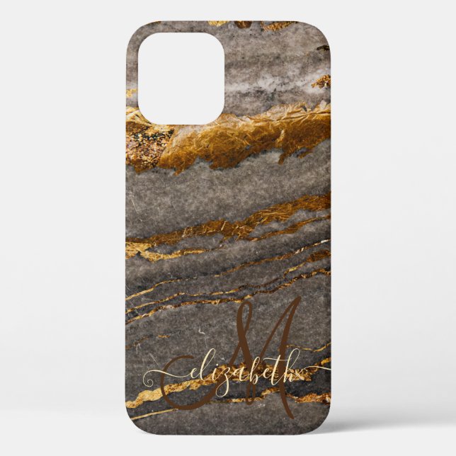 Cool Brown Gold Marble Texture Monogram Case-Mate iPhone Case (Back)