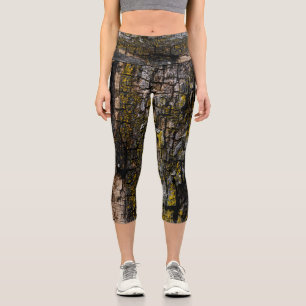 Cool Brown mossy wood bark with yellow lichen Capri Leggings