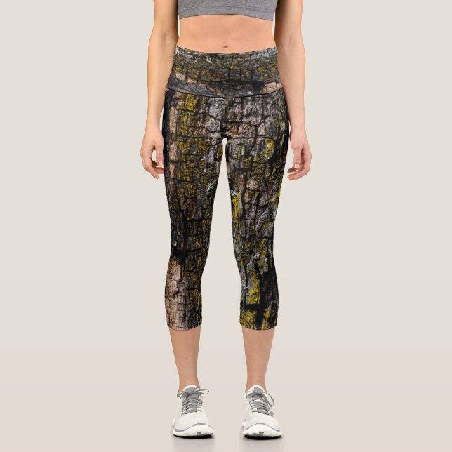 Cool Brown mossy wood bark with yellow lichen Capri Leggings (Front)