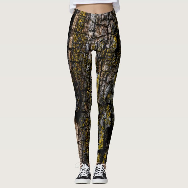 Cool Brown mossy wood bark with yellow lichen Leggings (Front)