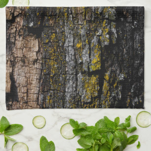 Cool Brown mossy wood bark with yellow lichen Tea Towel