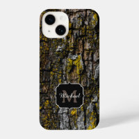 Cool Brown mossy wood bark yellow lichen Monogram
