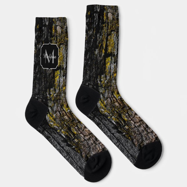 Cool Brown mossy wood bark yellow lichen Monogram Socks (Right)