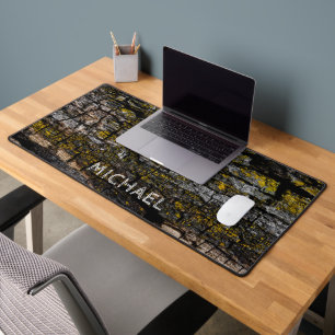 Cool Brown mossy wood bark Your custom name Desk Mat
