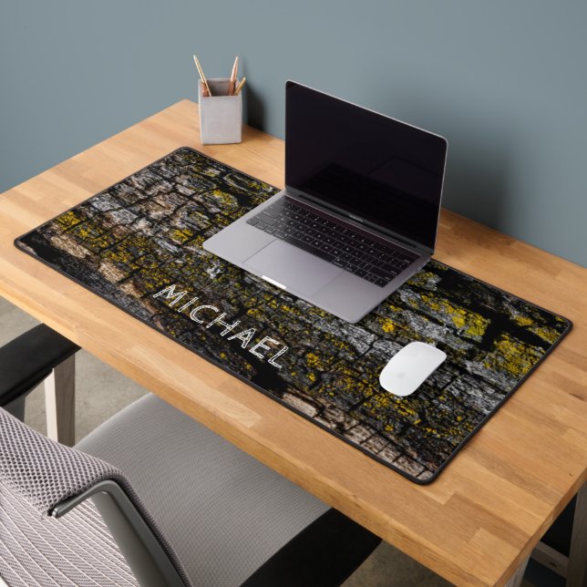 Cool Brown mossy wood bark Your custom name  Desk Mat (Office 2)