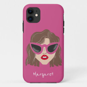 Cool Brunette with Glasses Pink Custom Name iPhone 11 Case