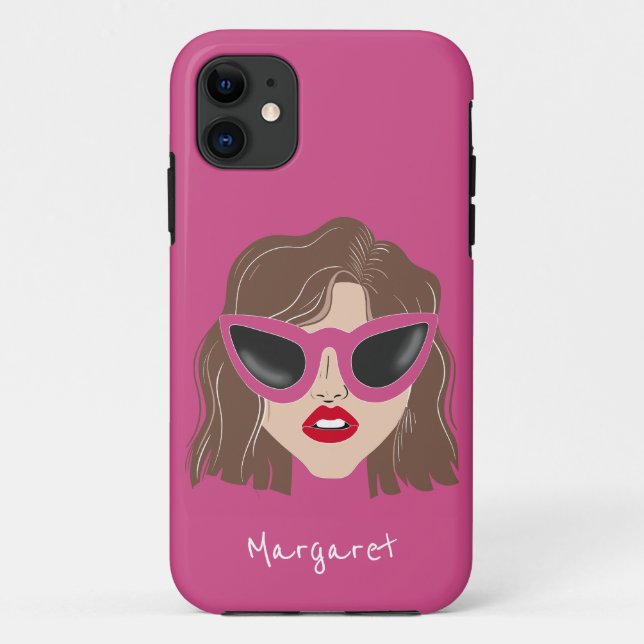 Cool Brunette with Glasses Pink Custom Name Case-Mate iPhone Case (Back)