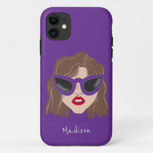 Cool Brunette with Glasses Purple Custom Name iPhone 11 Case