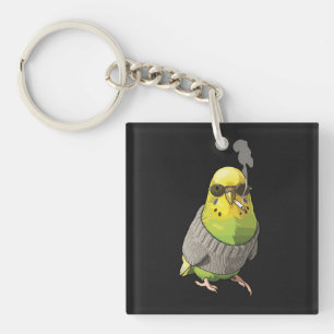 Cool Budgie in Grey Sweater and Sunglasses Illustr Key Ring