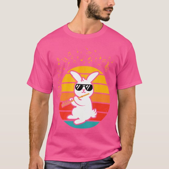 Cool Bunny With Flute - Music Lover Retro Rabbit F T-Shirt (Front)