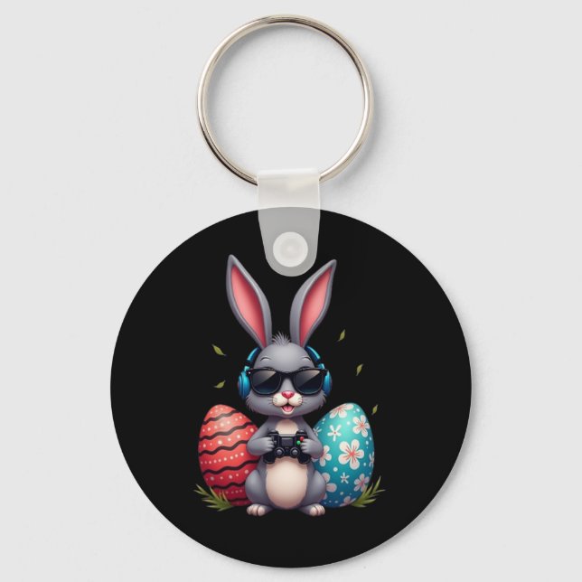 Cool Bunny With Sungl And Video Games Decor Easter Key Ring (Front)