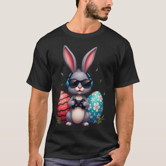 Cool Bunny With Sungl And Video Games Decor Easter T-Shirt (Front)