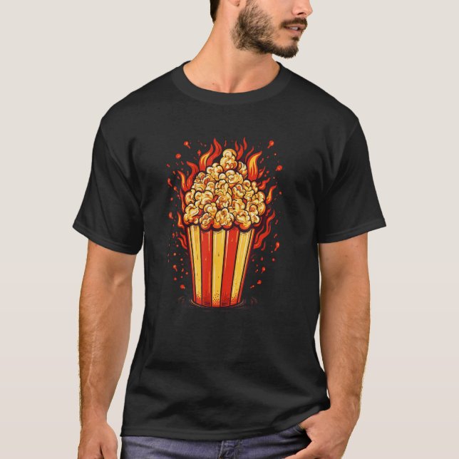 Cool burning Popcorn in red Box with Flames T-Shirt (Front)