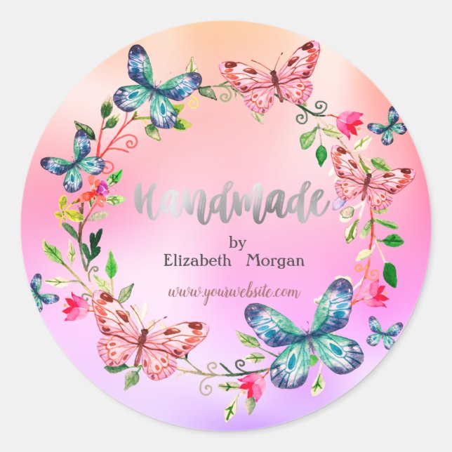Cool Butterflies,Flowers,Holographic,Handmade Classic Round Sticker (Front)