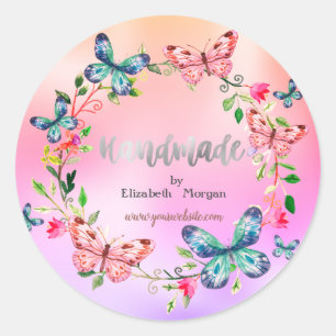Cool Butterflies,Flowers,Holographic,Handmade Classic Round Sticker