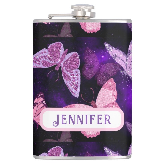 Cool Butterfly Black And Purple  Hip Flask (Front)