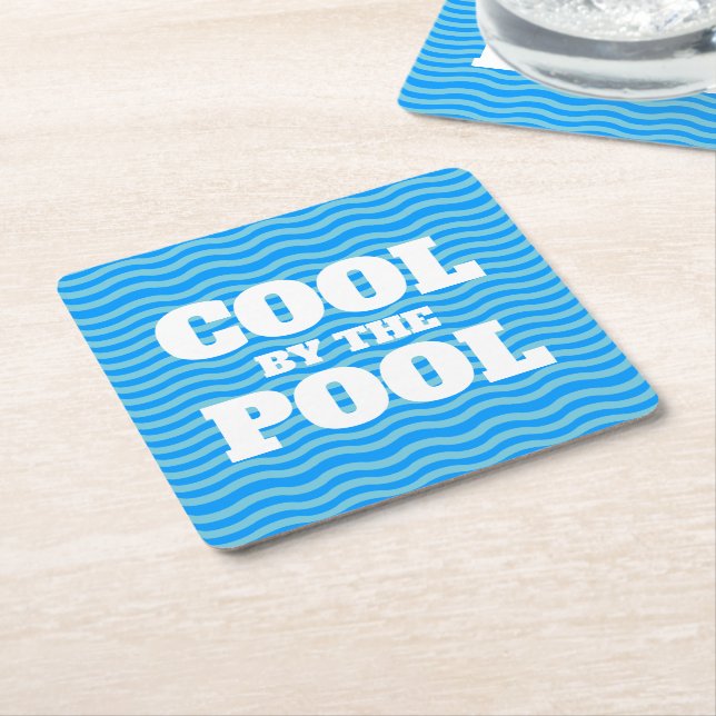 Cool by the pool blue water wavy lines summer fun square paper coaster (Angled)