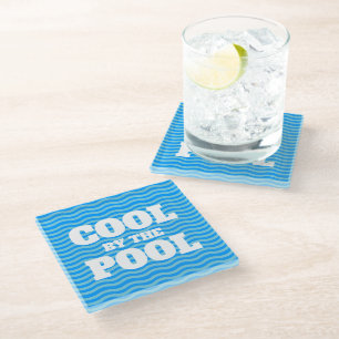 Cool by the pool blue water wavy lines summer vibe glass coaster