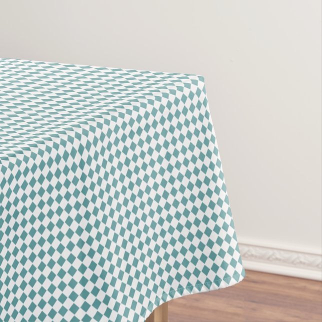 Cool Cadet Blue White Chequered Pattern Retro Chic Tablecloth (In Situ)
