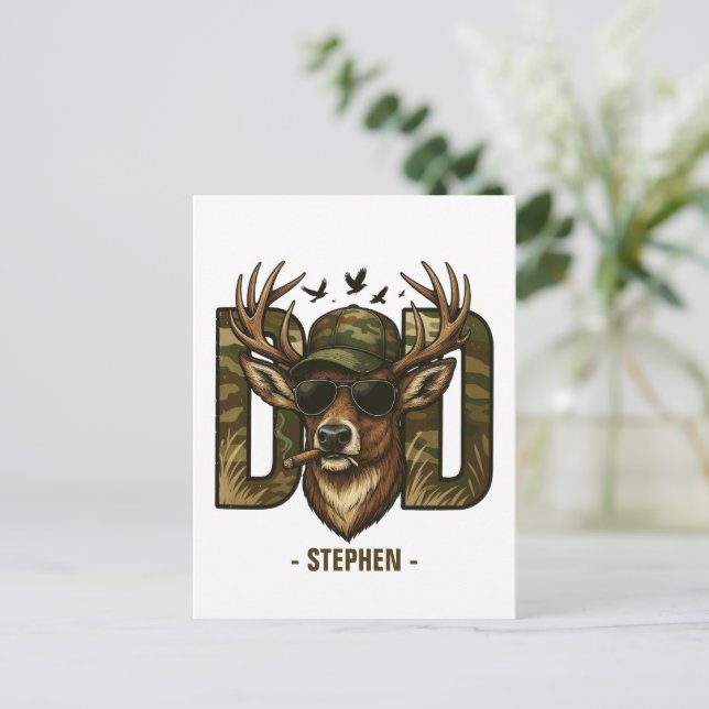 Cool Camouflage Dad – Deer with Sunglasses Postcard (Standing Front)