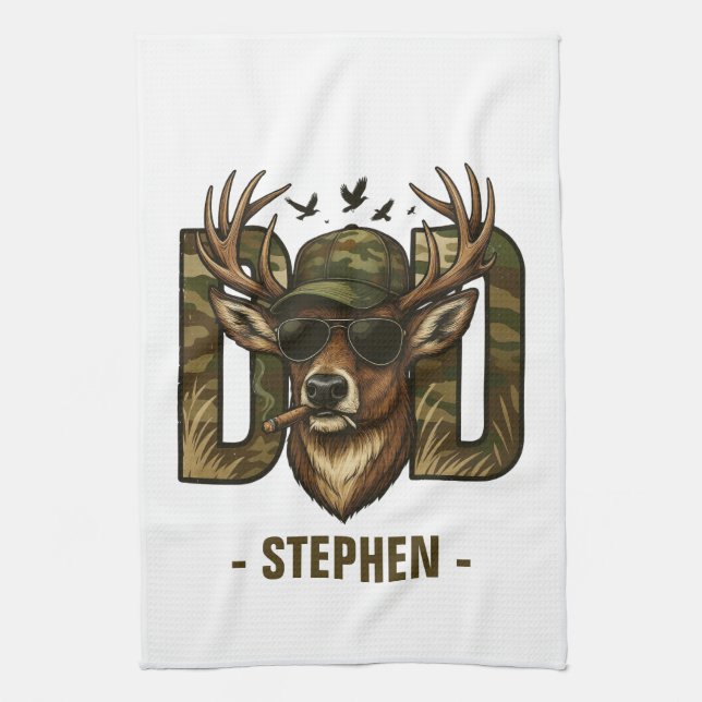 Cool Camouflage Dad – Deer with Sunglasses Tea Towel (Vertical)