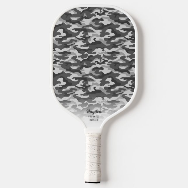 Cool Camouflage Grey Black Camo Print Custom Text Pickleball Paddle (Back)