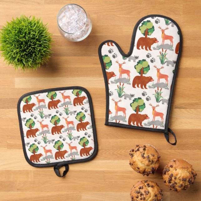 Cool Camping lovers tiled animal pattern Oven Mitt & Pot Holder Set (Top Down)