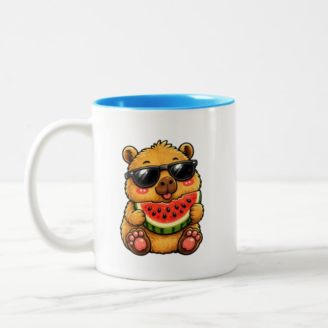 Cool Capybara Watermelon Summer Two-Tone Coffee Mug (Left)