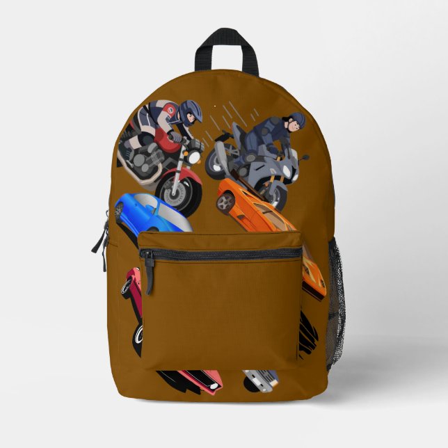 Cool Cars and Motorcycles Kids School Backpack (Front)