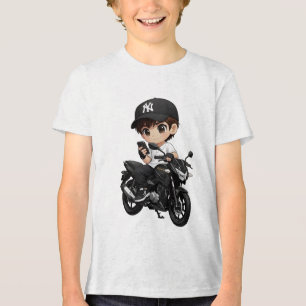 Cool Cartoon Boy on Motorcycle Kids T-Shirt Tri-Blend Shirt