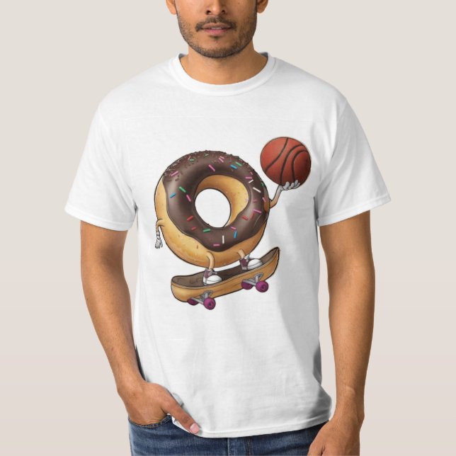 Cool Cartoon Doughnut Skateboarding with a Basketb T-Shirt (Front)