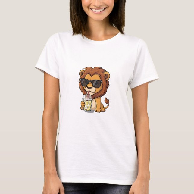Cool Cartoon Lion Drinking Iced Lemonade T-Shirt (Front)