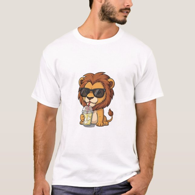 Cool Cartoon Lion Drinking Iced Lemonade T-Shirt (Front)
