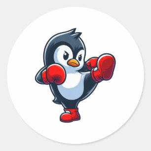 Cool Cartoon Penguin Boxing Fighter Classic Round Sticker