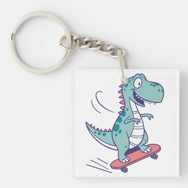 Cool Cartoon T-Rex on Skateboard Key Ring (Front)