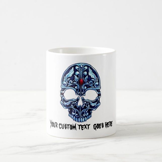 Cool cartoon tattoo symbol blue metal gothic skull coffee mug (Center)